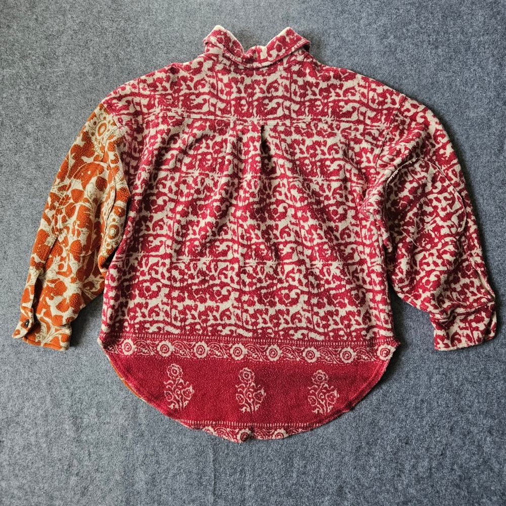 Free People Ruby Jacket Mixed Print Fleece Shacket Red Orange XS - Picture 3 of 9